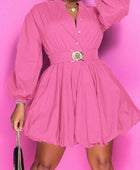 Notched Button Up Balloon Sleeves Dress - Body By J'ne