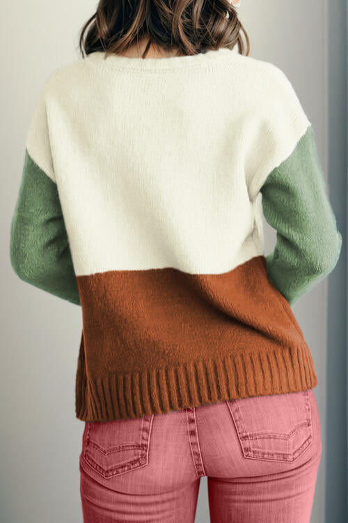 Color Block Round Neck Long Sleeve Sweater - Body By J'ne