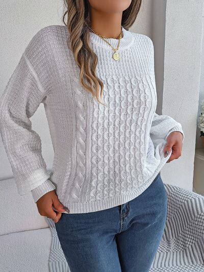 Cable-Knit Round Neck Long Sleeve Sweater - Body By J'ne