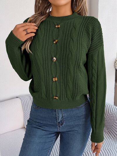 Cable-Knit Buttoned Round Neck Sweater - Body By J'ne