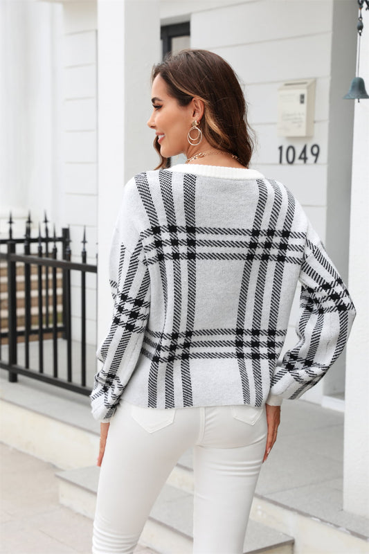 Printed Round Neck Dropped Shoulder Sweater - Body By J'ne