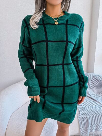 Plaid Round Neck Dropped Shoulder Sweater Dress - Body By J'ne