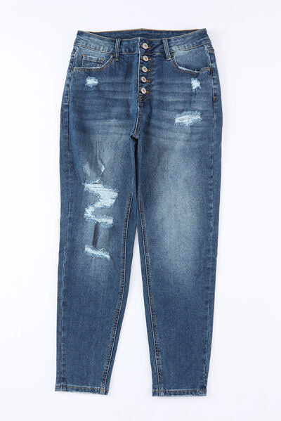 Button-Fly Distressed Jeans with Pockets - Body By J'ne