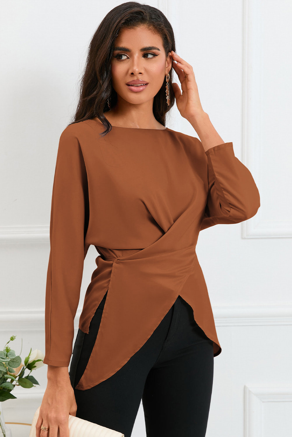 Boat Neck Back Tie Long Sleeve Satin Blouse - Body By J'ne