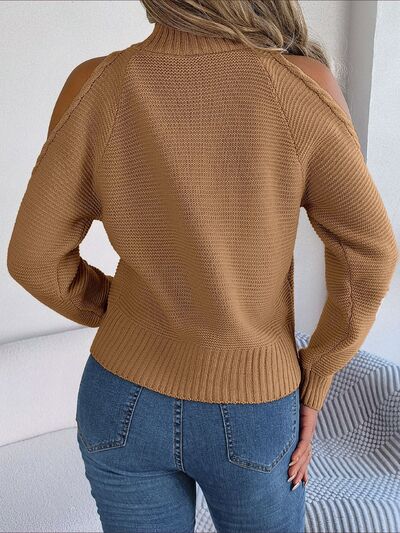 Cable-Knit Turtleneck Cold Shoulder Sweater - Body By J'ne