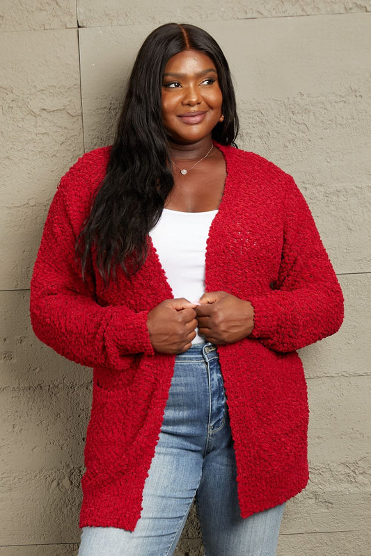 Falling For You Full Size Open Front Popcorn Cardigan - Body By J'ne