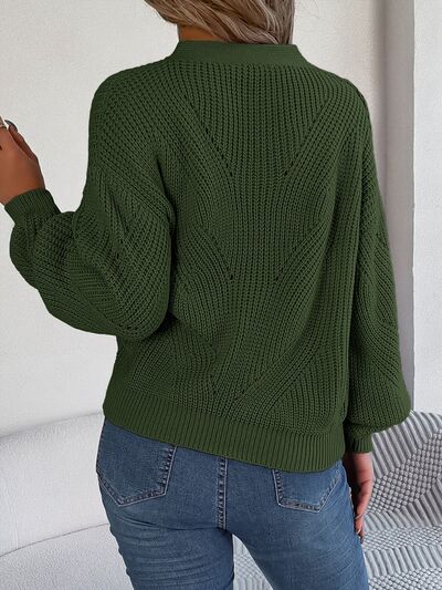 Openwork Half Button Lantern Sleeve Sweater - Body By J'ne