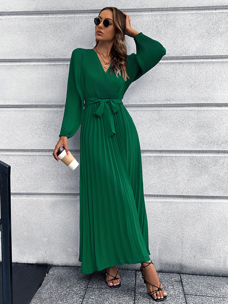 V-Neck Tie Waist Pleated Maxi Dress - Body By J'ne