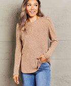 Double Take Round Neck Puff Sleeve Ribbed Top - Body By J'ne