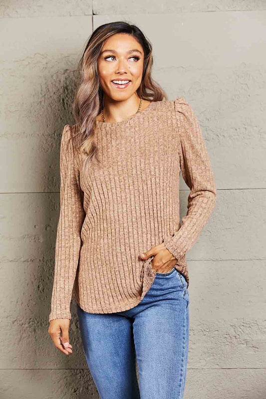 Double Take Round Neck Puff Sleeve Ribbed Top - Body By J'ne
