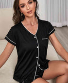 Contrast Piping Button-Up Top and Shorts Pajama Set - Body By J'ne