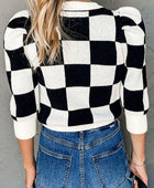 Plaid Round Neck Three-Quarter Sleeve Sweater - Body By J'ne