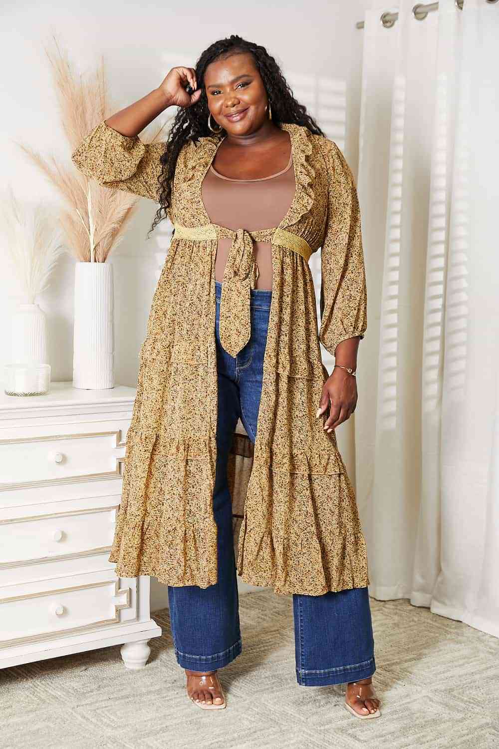 Full Size Tie Front Ruffled Duster Cardigan - Body By J'ne