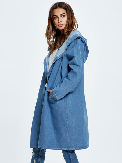 Button Up Dropped Shoulder Hooded Denim Top - Body By J'ne