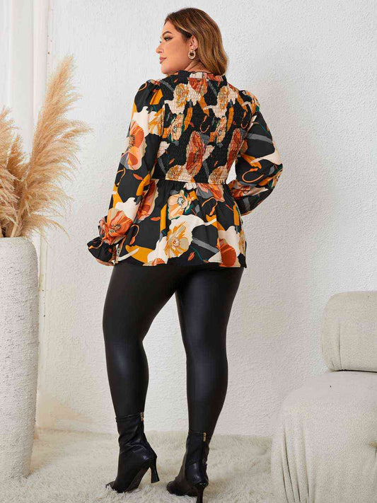 Plus Size Elastic Detail Long Sleeve Floral Babydoll Top - Body By J'ne