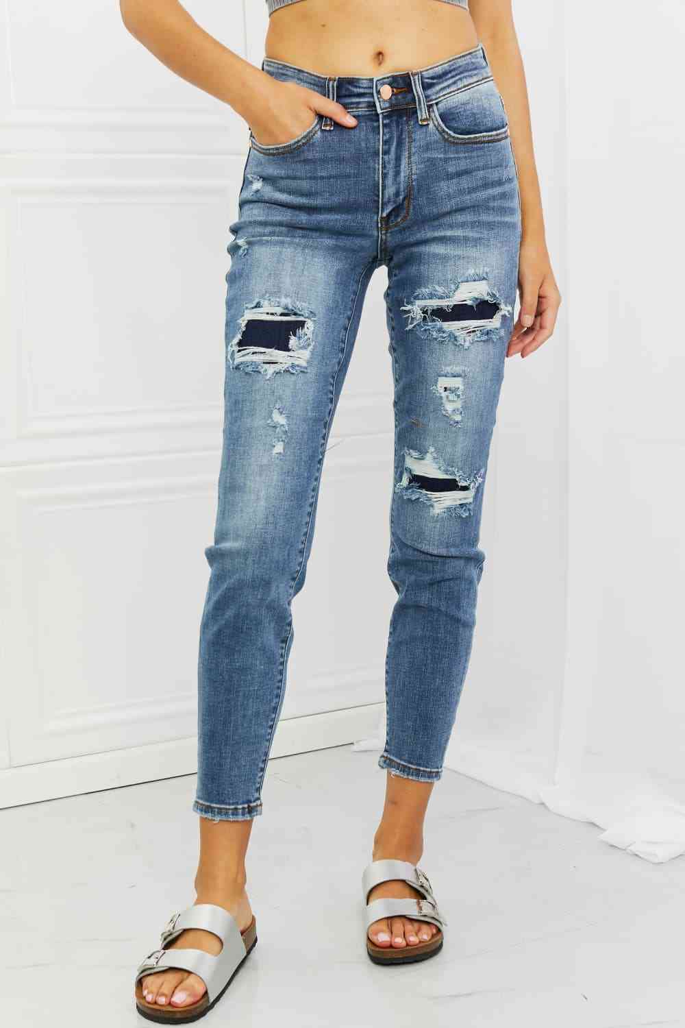 Dahlia Full Size Distressed Patch Jeans - Body By J'ne