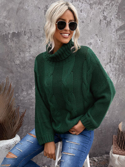Cable-Knit Turtleneck Dropped Shoulder Sweater - Body By J'ne