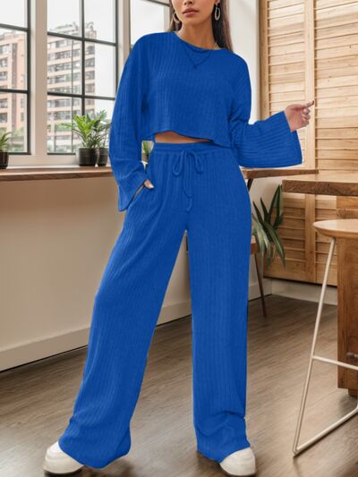 Ribbed Round Neck Top and Drawstring Pants Set - Body By J'ne