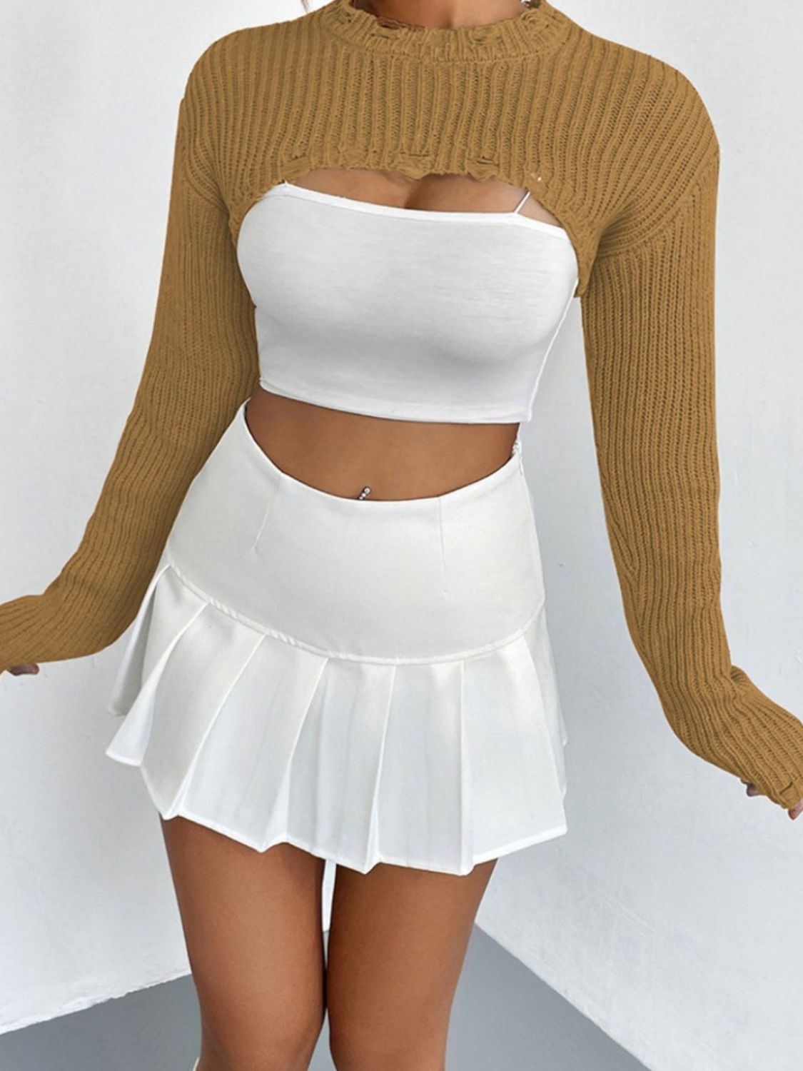 Distressed Long Sleeve Cropped Sweater - Body By J'ne