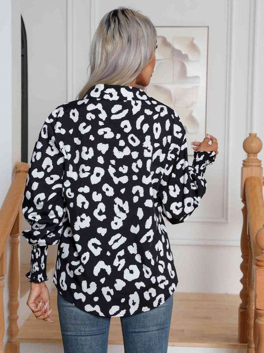 Printed Collared Neck Buttoned Lantern Sleeve Shirt - Body By J'ne