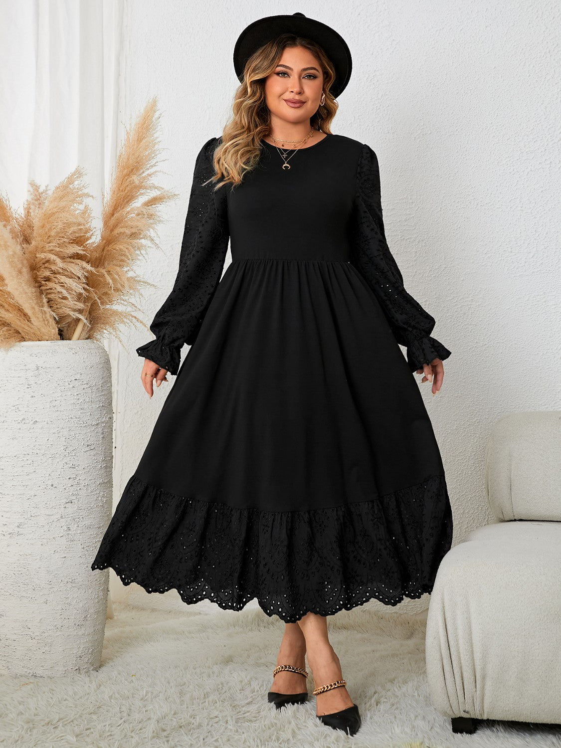 Plus Size Flounce Sleeve Lace Detail Dress - Body By J'ne