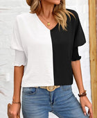 Contrast V-Neck Lantern Sleeve Blouse - Body By J'ne