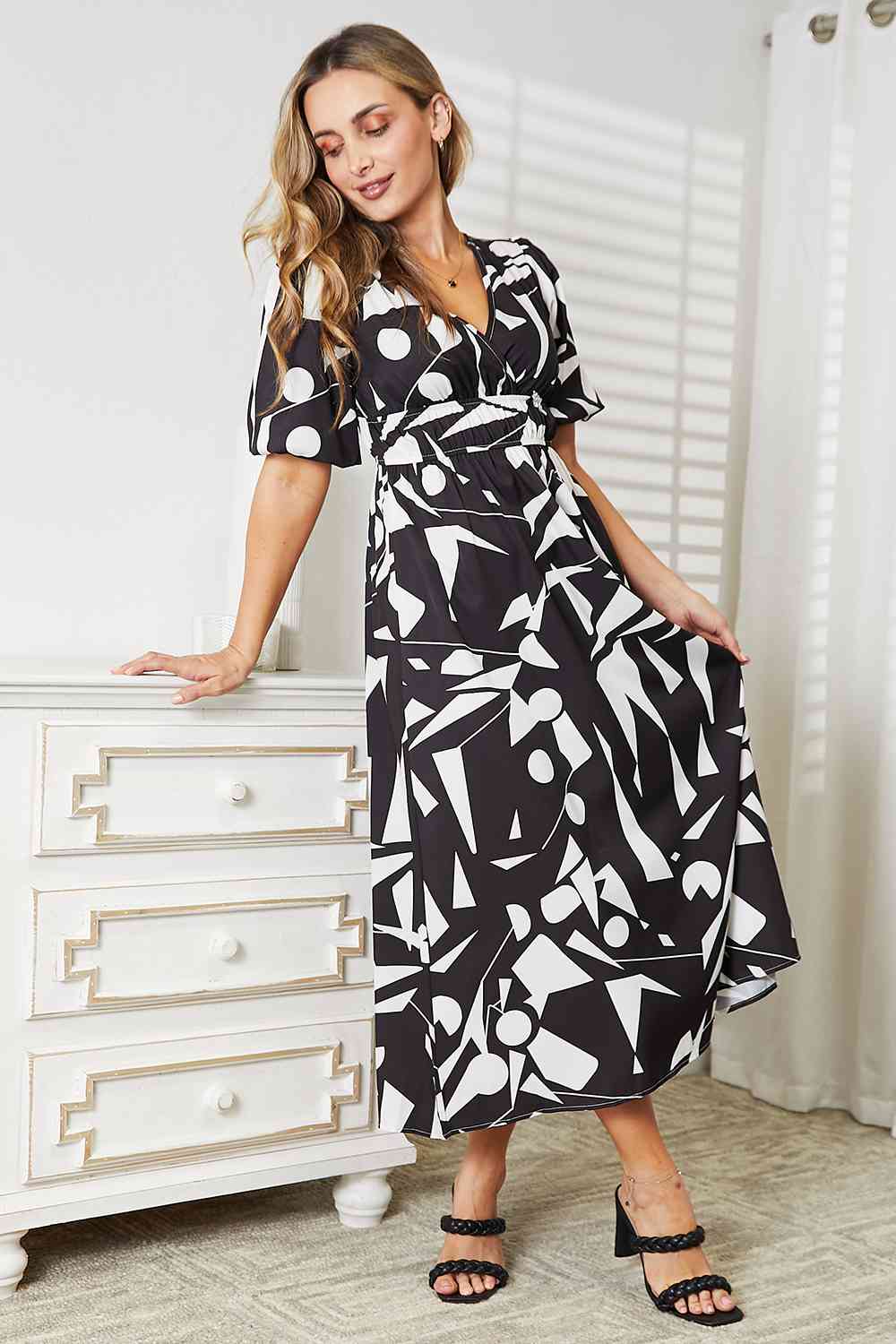 Printed Surplice Balloon Sleeve Dress - Body By J'ne
