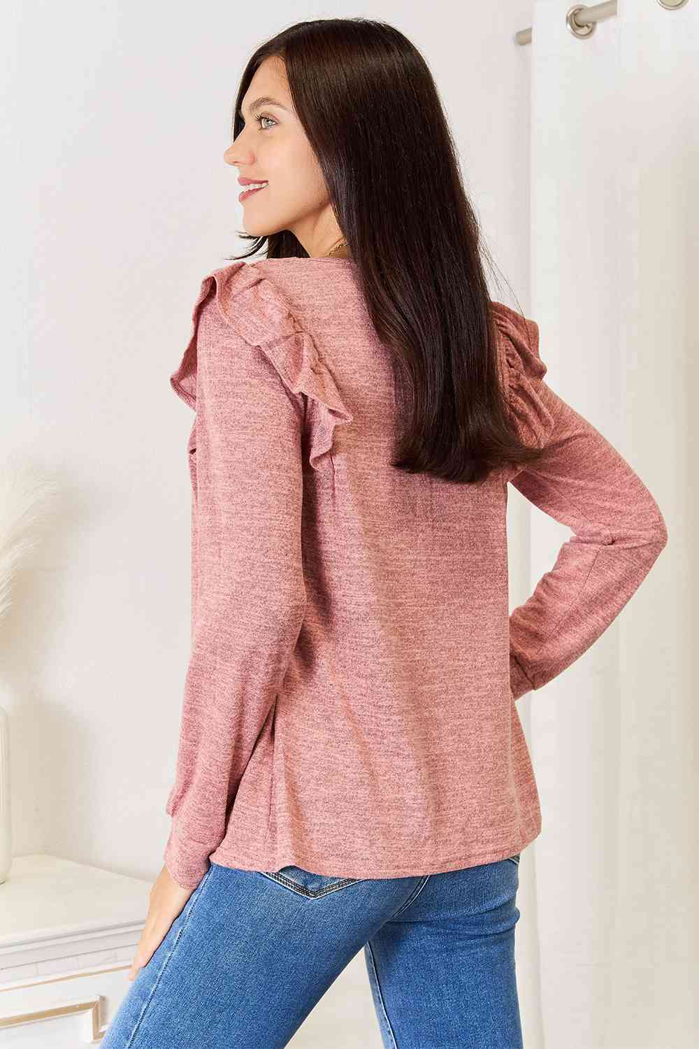 Square Neck Ruffle Shoulder Long Sleeve T-Shirt - Body By J'ne