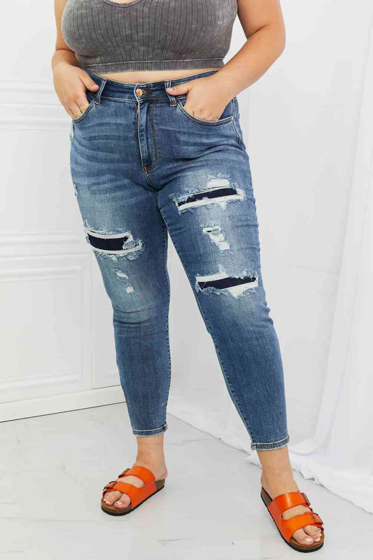 Dahlia Full Size Distressed Patch Jeans - Body By J'ne