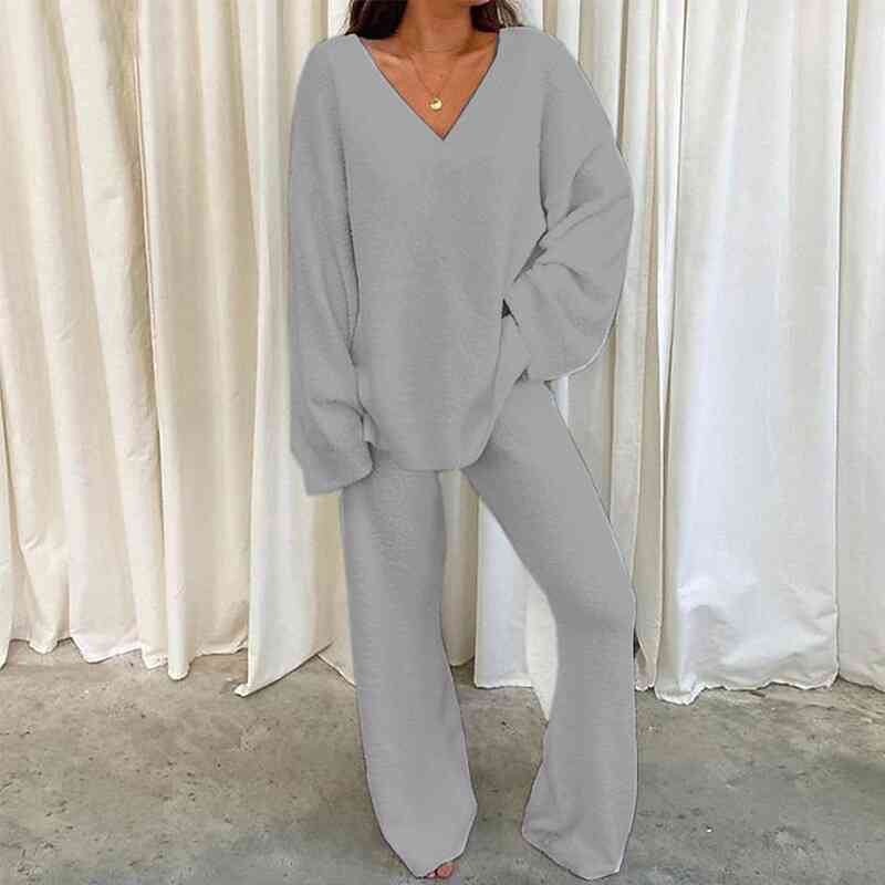 V-Neck Long Sleeve Top and Long Pants Set - Body By J'ne