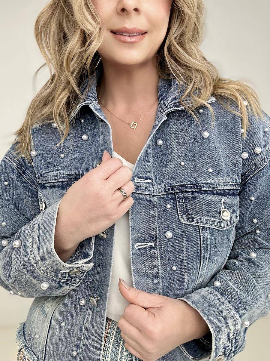 Pearl Embellished Ripped Button Down Denim Jacket - Body By J'ne