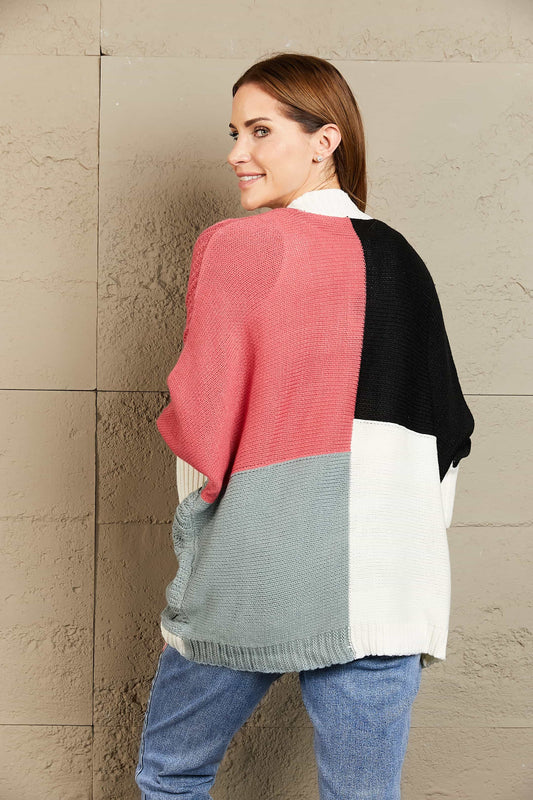 Color Block Cable-Knit Batwing Sleeve Cardigan - Body By J'ne