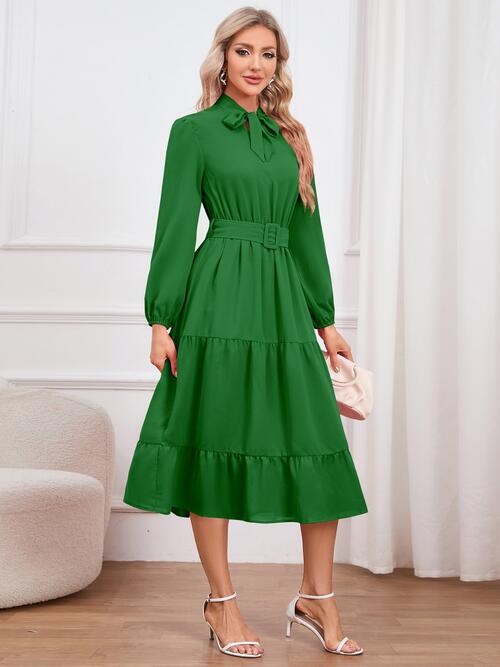 Tie Neck Long Sleeve Tiered Dress - Body By J'ne