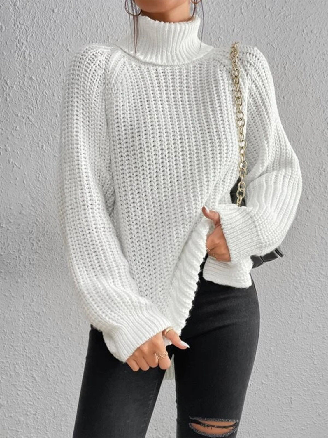 Full Size Turtleneck Rib-Knit Slit Sweater - Body By J'ne