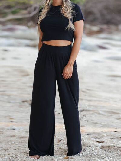 Round Neck Short Sleeve Top and Pocketed Pants Set - Body By J'ne