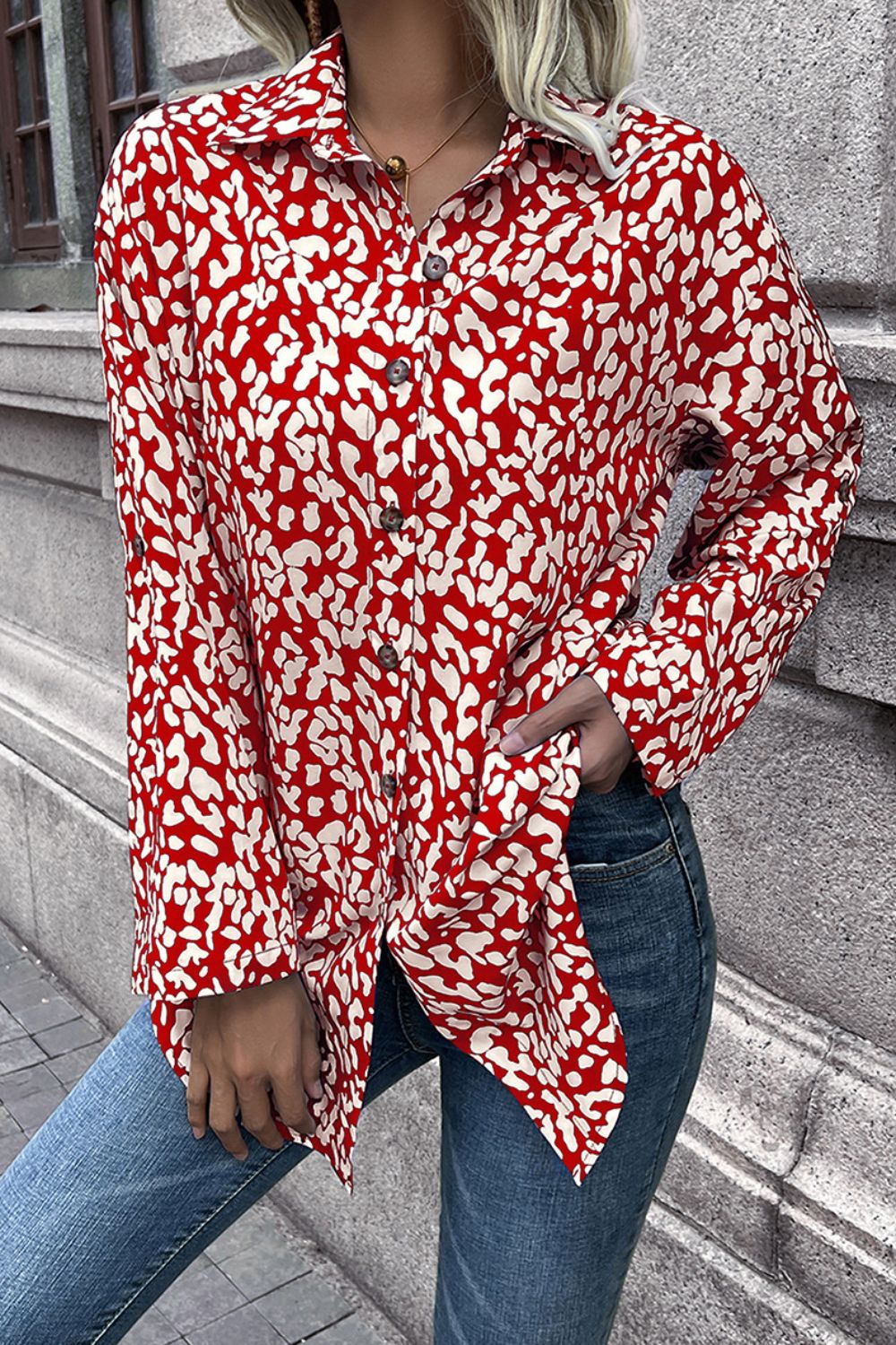 Leopard Roll-Tap Sleeve Shirt - Body By J'ne