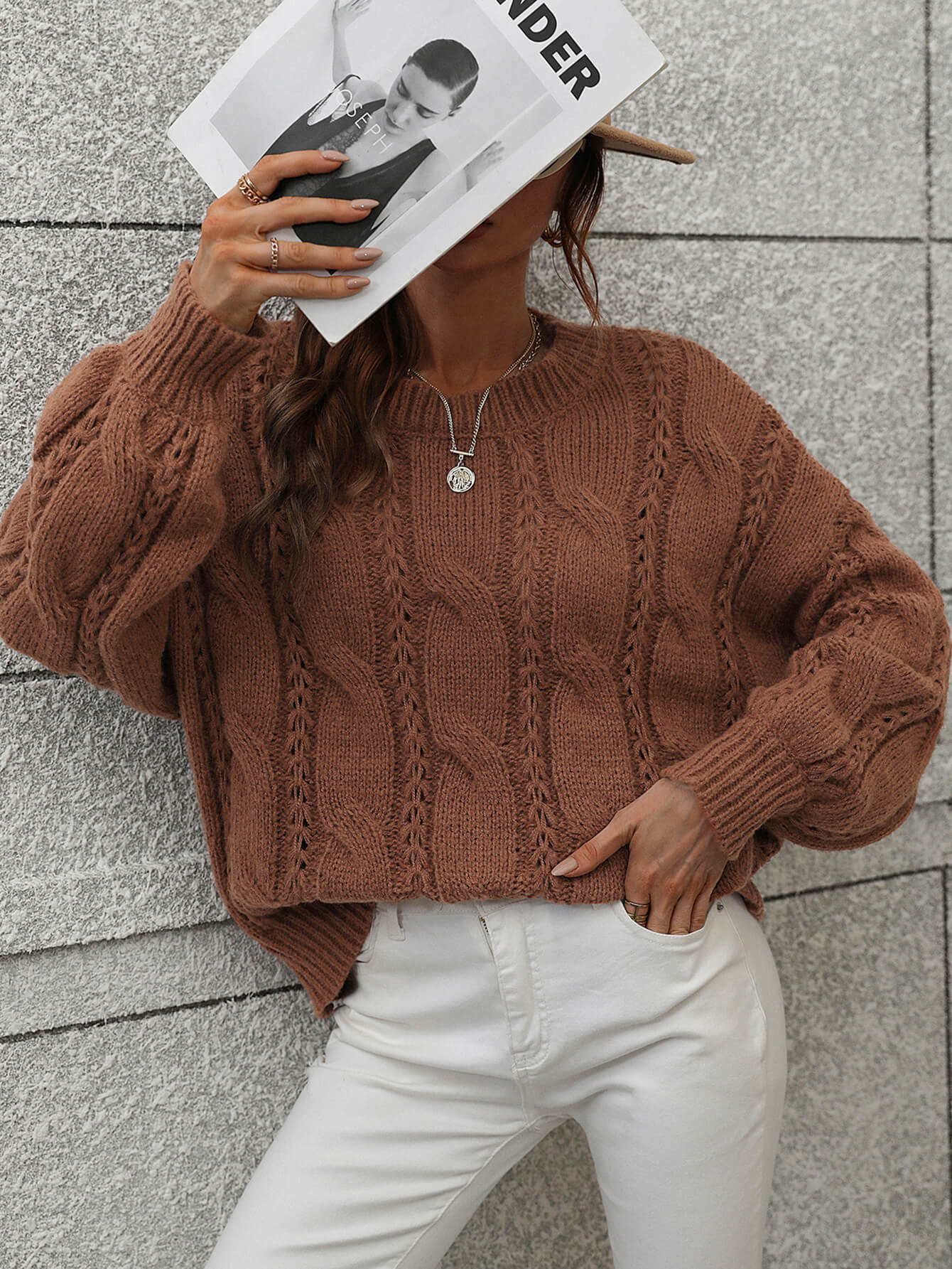 Cable-Knit Openwork Round Neck Sweater - Body By J'ne