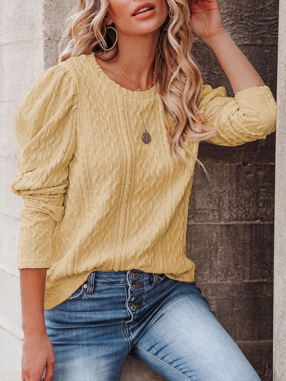 Round Neck Puff Sleeve Knit Top - Body By J'ne