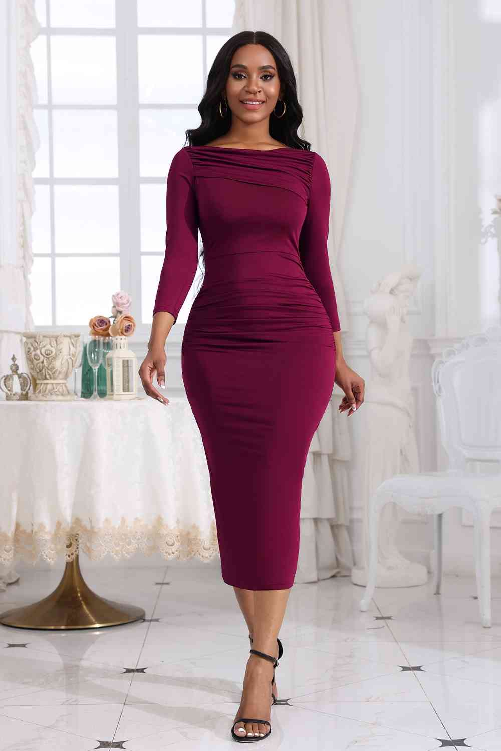 Ruched Boat Neck Midi Dress - Body By J'ne