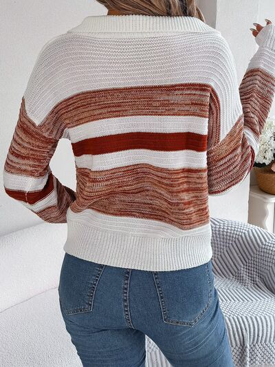 Striped Collared Neck Long Sleeve Sweater - Body By J'ne