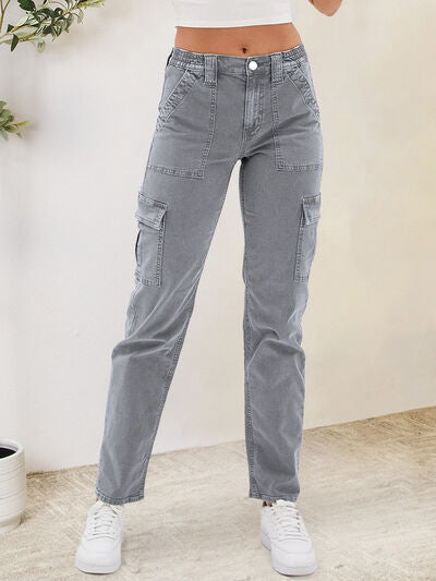 Buttoned Straight Jeans with Cargo Pockets - Body By J'ne