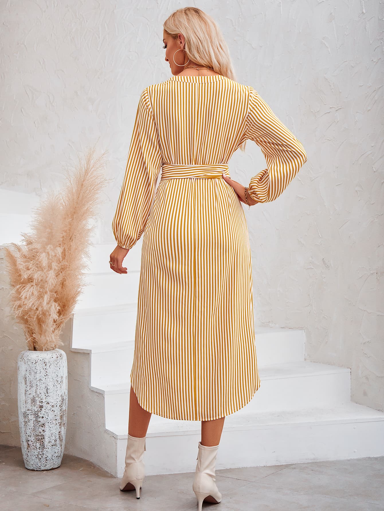 Striped Notched Neck Curved Hem Long Sleeve Dress - Body By J'ne