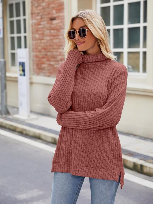 Ribbed Turtleneck Long Sleeve Slit Knit Top - Body By J'ne