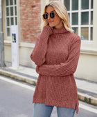 Ribbed Turtleneck Long Sleeve Slit Knit Top - Body By J'ne