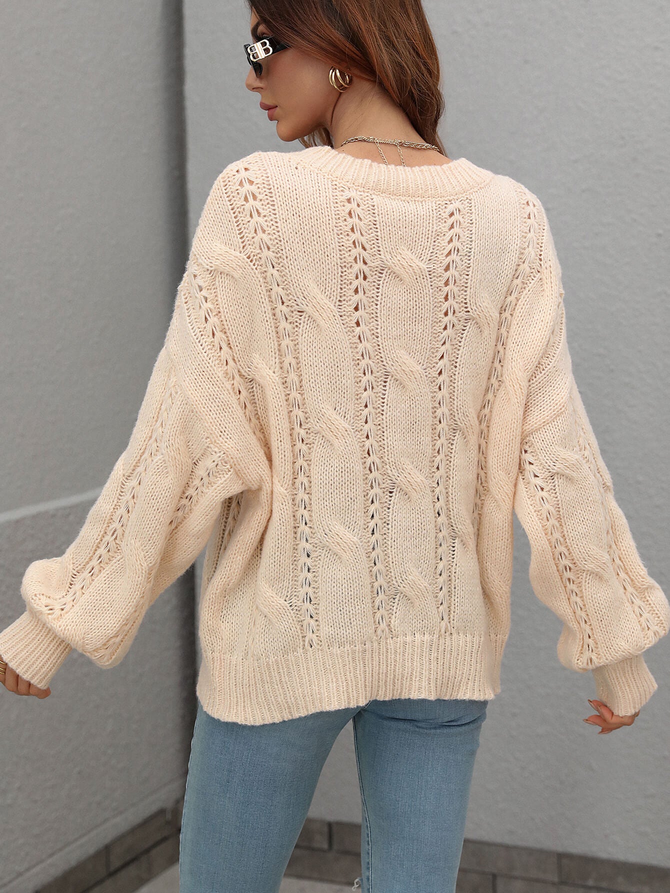 Cable-Knit Openwork Round Neck Sweater - Body By J'ne