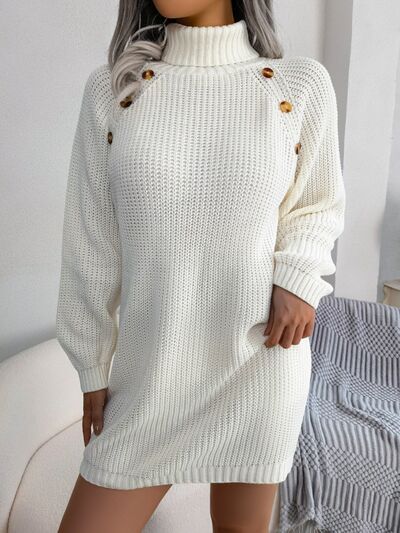 Decorative Button Turtleneck Sweater Dress - Body By J'ne