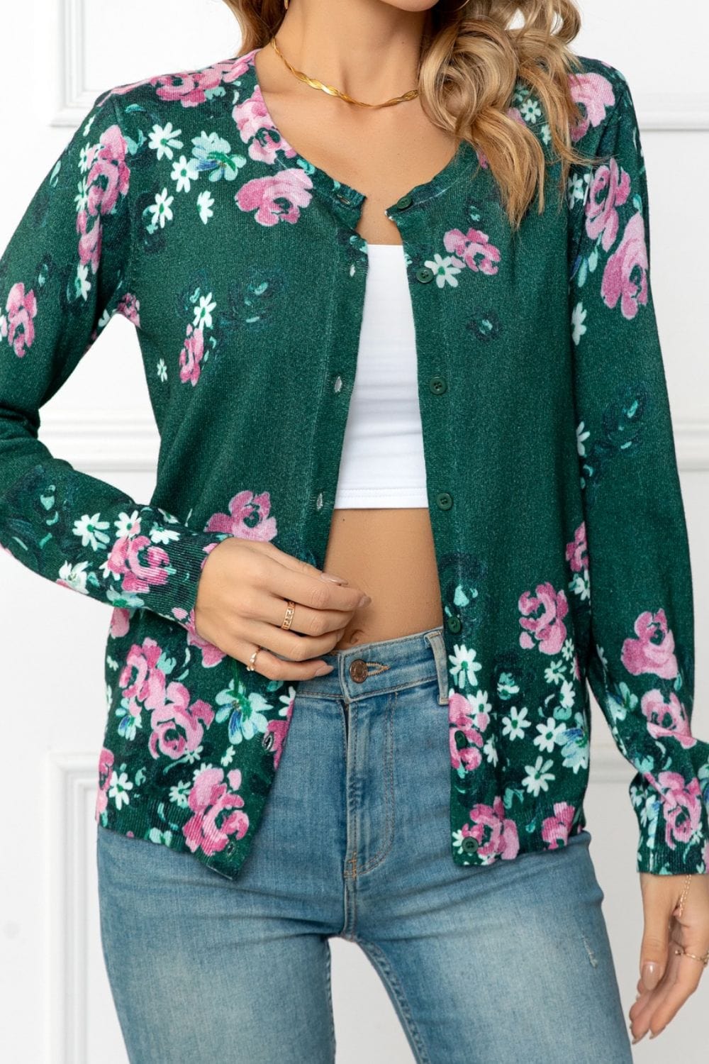 Floral Button Front Round Neck Cardigan - Body By J'ne