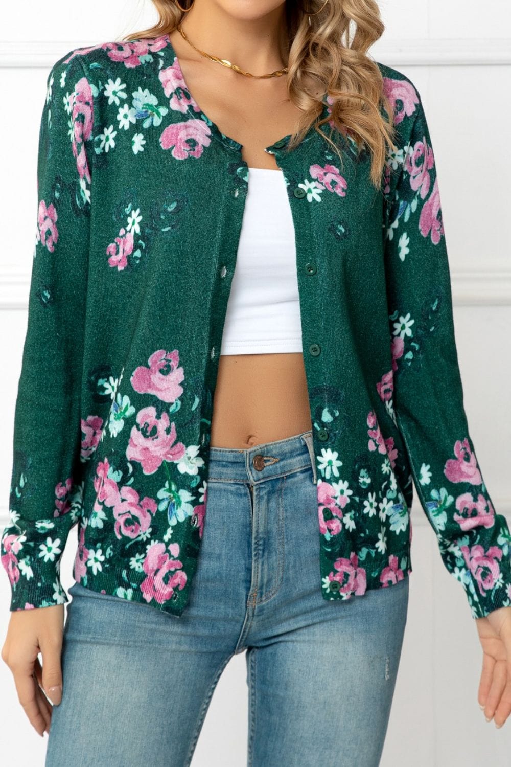 Floral Button Front Round Neck Cardigan - Body By J'ne