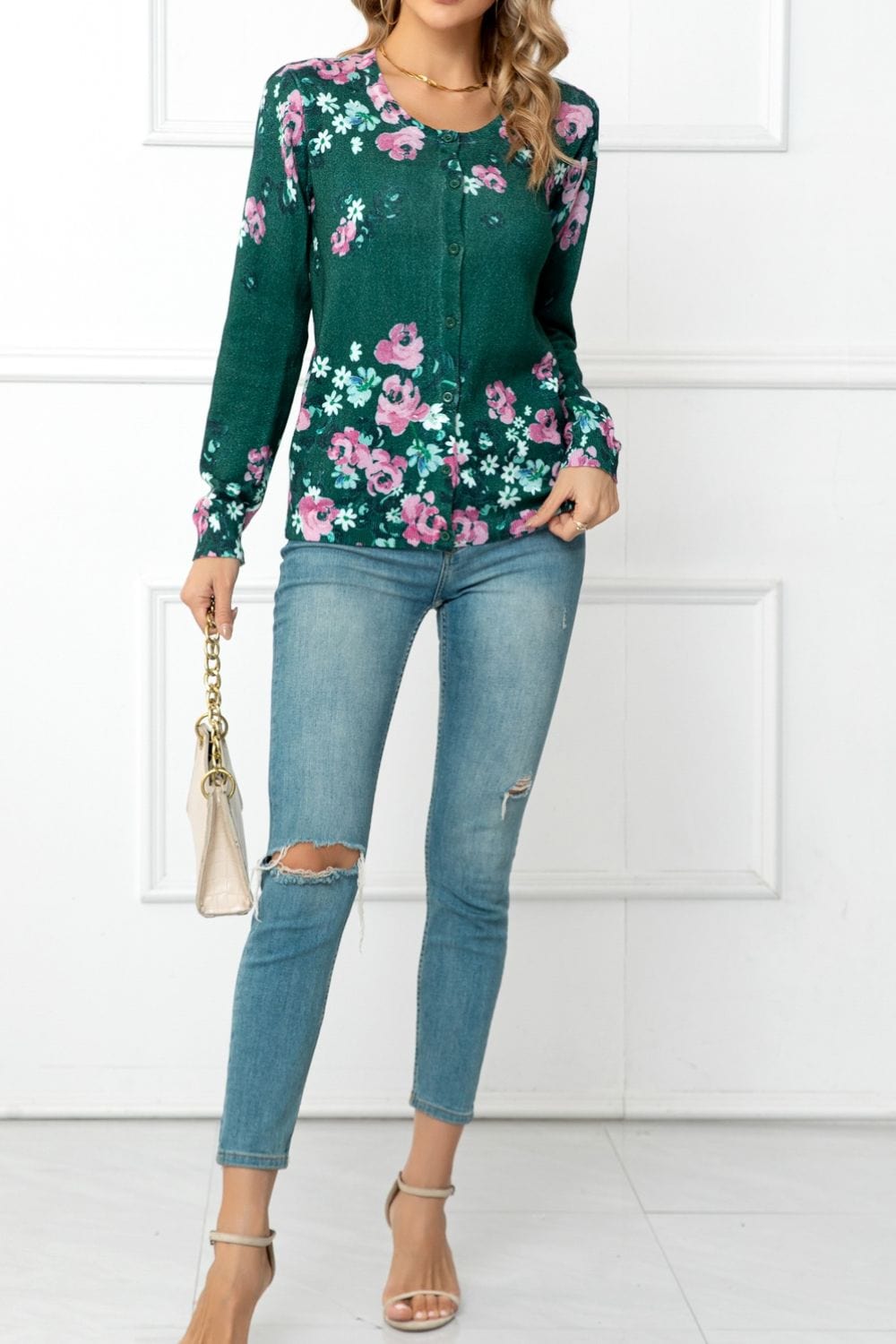 Floral Button Front Round Neck Cardigan - Body By J'ne