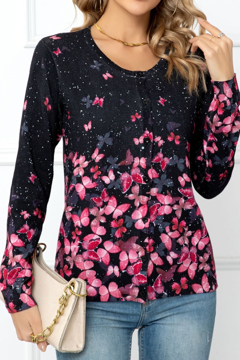 Floral Button Front Round Neck Cardigan - Body By J'ne